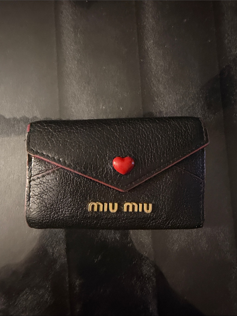 Miu Miu Black Leather Key & Card Holder with Red Heart Detail